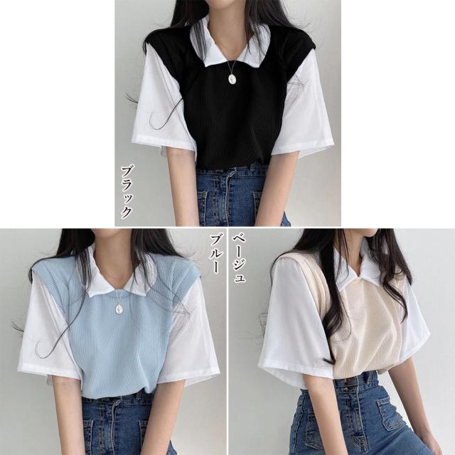 半袖ニットTシャツ レイヤード風Tシャツ 送料無料 即日発送-1