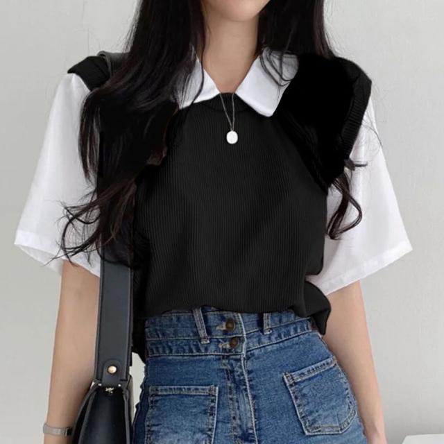 半袖ニットTシャツ レイヤード風Tシャツ 送料無料 即日発送-4