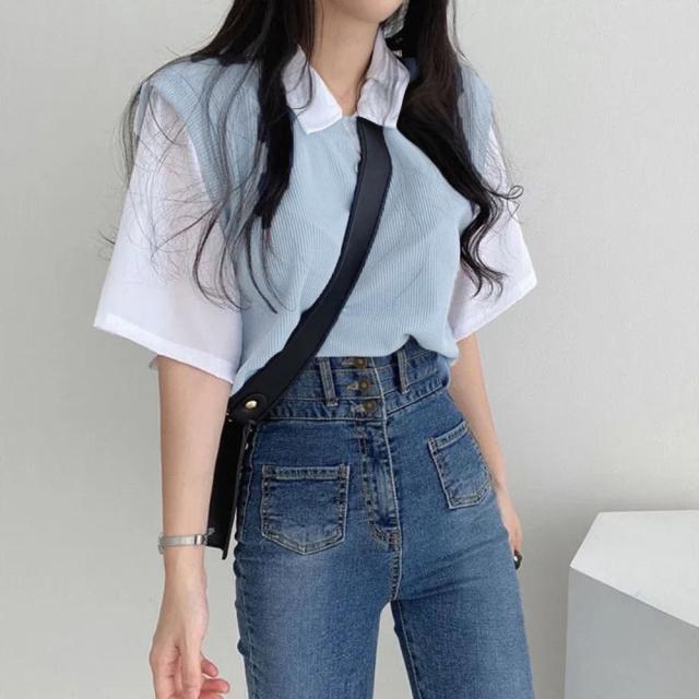 半袖ニットTシャツ レイヤード風Tシャツ 送料無料 即日発送-7