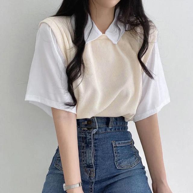 半袖ニットTシャツ レイヤード風Tシャツ 送料無料 即日発送-8