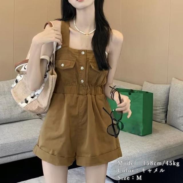 デニムサロペットショート丈オールインワン 送料無料 即日発送-9