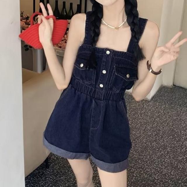 デニムサロペットショート丈オールインワン 送料無料 即日発送-4