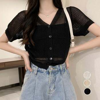 透かし編みニットカーディガン ショート丈 SK19561452-7029 送料無料 即日発送-0