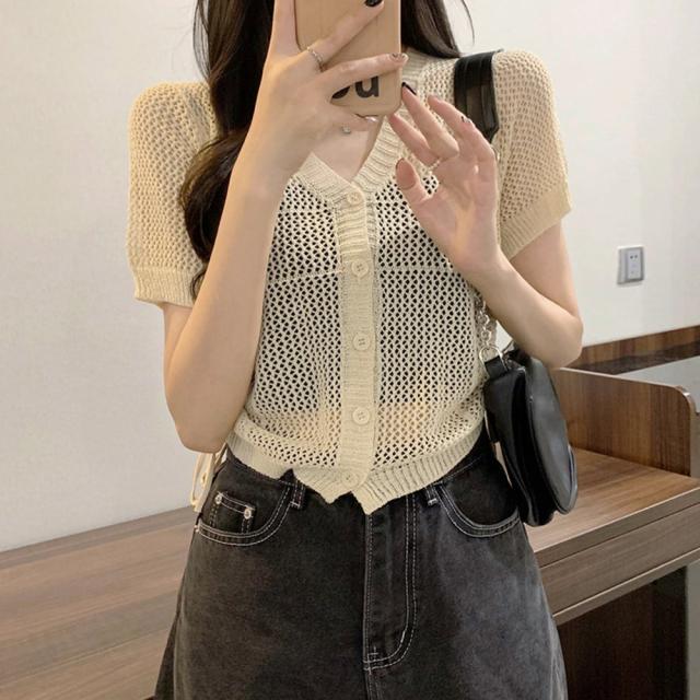 透かし編みニットカーディガン ショート丈 SK19561452-7029 送料無料 即日発送-5