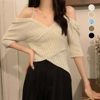 サマーニットオフショルダーニットトップス 送料無料 即日発送-0