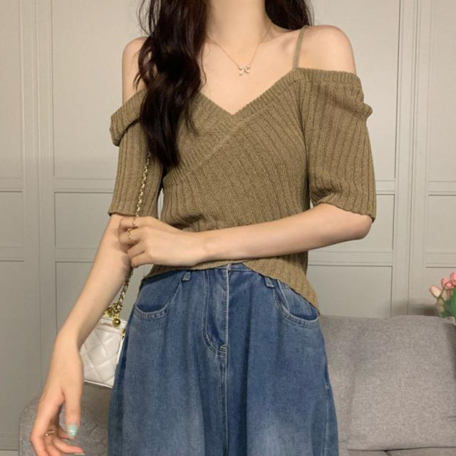 サマーニットオフショルダーニットトップス 送料無料 即日発送-9