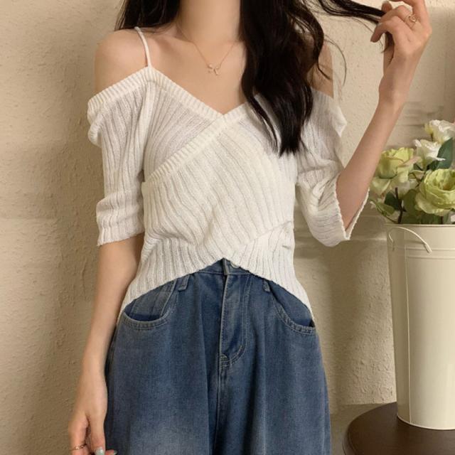 サマーニットオフショルダーニットトップス 送料無料 即日発送-4