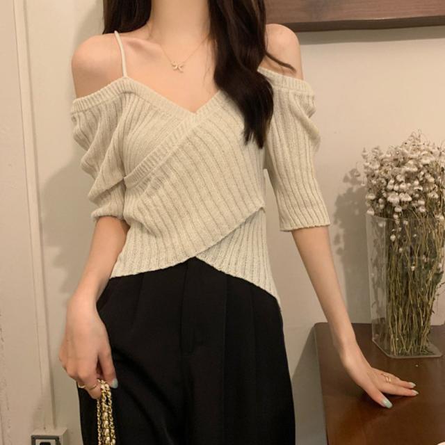 サマーニットオフショルダーニットトップス 送料無料 即日発送-5