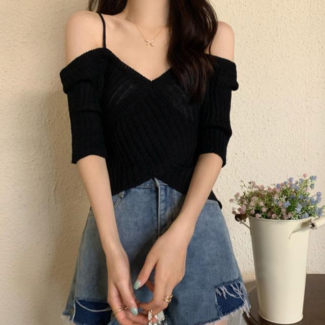 サマーニットオフショルダーニットトップス 送料無料 即日発送-6