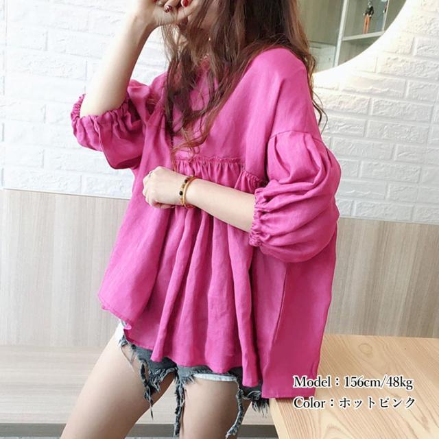 綿麻風ブラウス ペプラムブラウスきれいめ 送料無料 即日発送-3