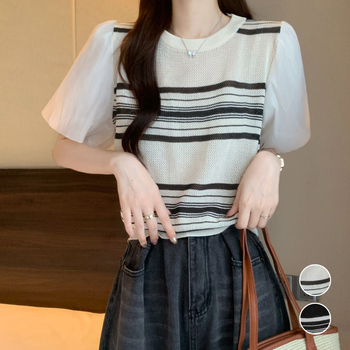 サマーニット異素材切り替えニットトップス 送料無料 即日発送-0