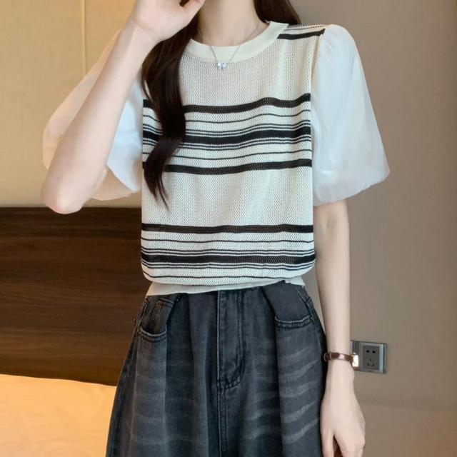 サマーニット異素材切り替えニットトップス 送料無料 即日発送-5