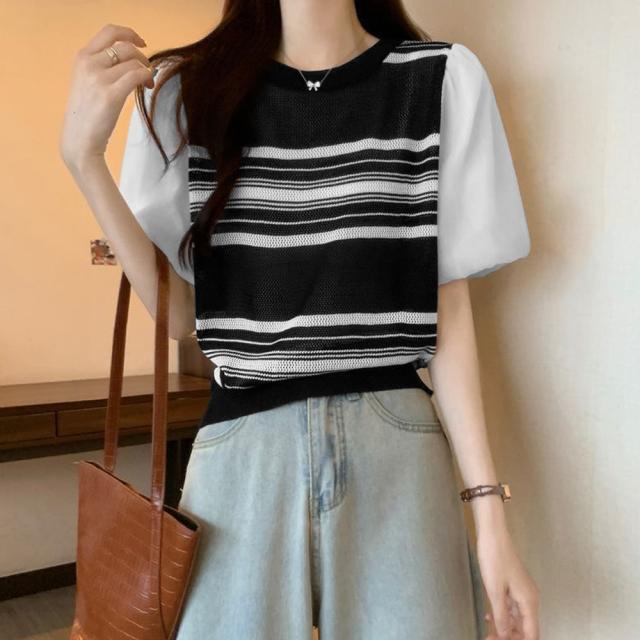 サマーニット異素材切り替えニットトップス 送料無料 即日発送-6