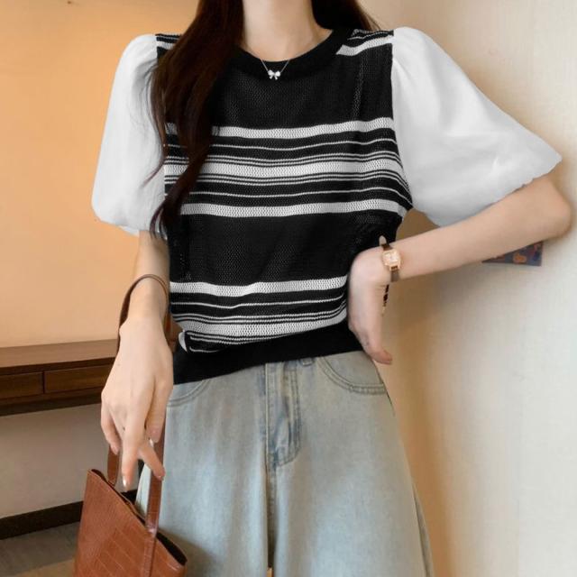 サマーニット異素材切り替えニットトップス 送料無料 即日発送-8