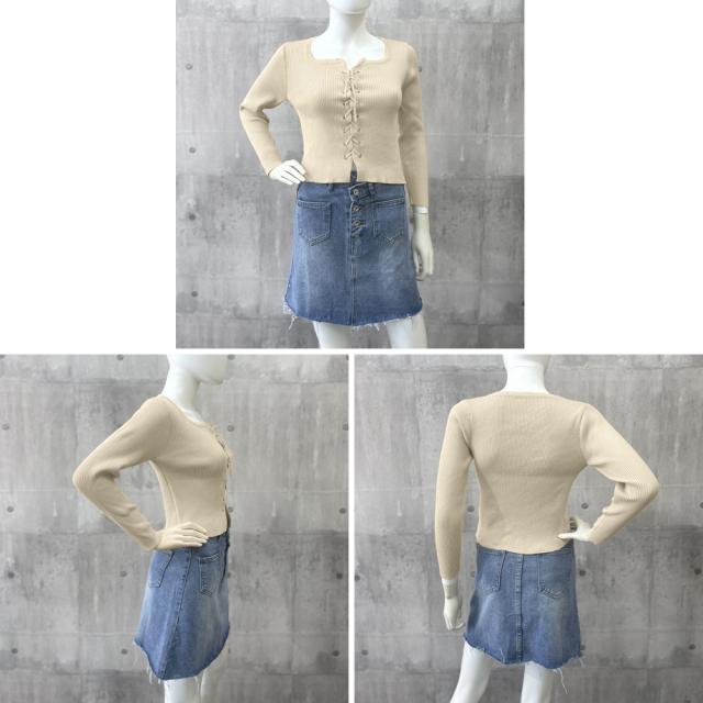 ニットトップス フロントレースアップ秋服 送料無料 即日発送-4