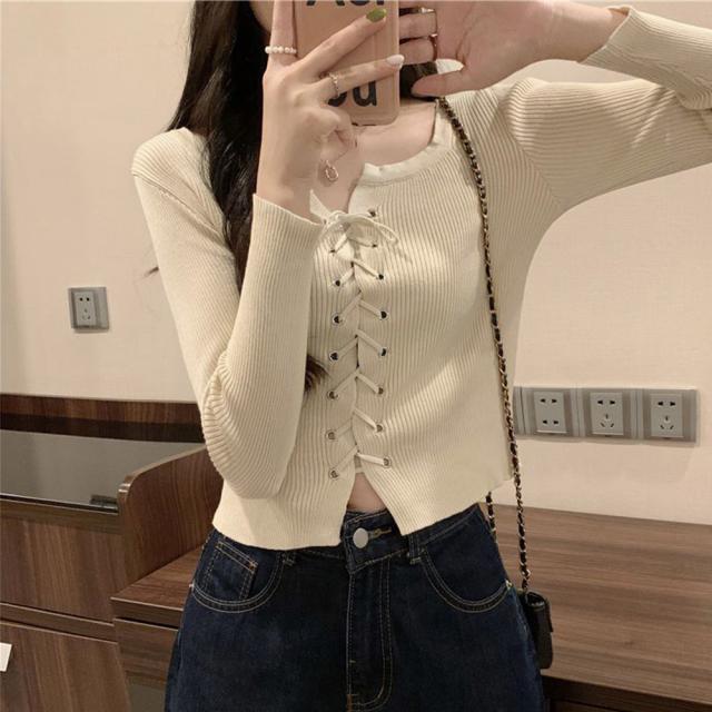 ニットトップス フロントレースアップ秋服 送料無料 即日発送-5