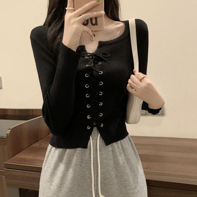 ニットトップス フロントレースアップ秋服 送料無料 即日発送-8