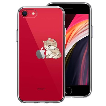iPhoneSE ケース 第3世代 第2世代 クリア にゃんこ りんご にらめっこ スマホケース 側面ソフト 背面ハード ハイブリッド 送料無料-0