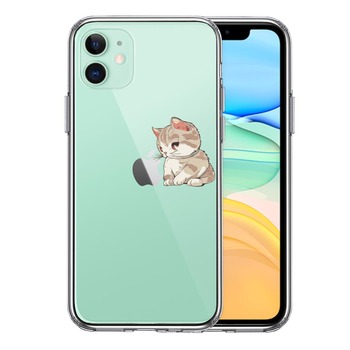 iPhone11 ケース クリア にゃんこ りんご にらめっこ スマホケース 側面ソフト 背面ハード ハイブリッド 送料無料-0