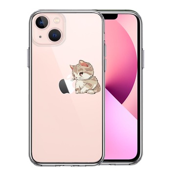 iPhone13 ケース クリア にゃんこ りんご にらめっこ スマホケース 側面ソフト 背面ハード ハイブリッド 送料無料-0