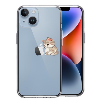 iPhone14Plus ケース クリア にゃんこ りんご にらめっこ スマホケース 側面ソフト 背面ハード ハイブリッド 送料無料-0