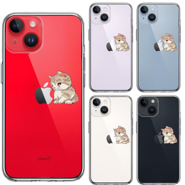 iPhone14Plus ケース クリア にゃんこ りんご にらめっこ スマホケース 側面ソフト 背面ハード ハイブリッド 送料無料-1