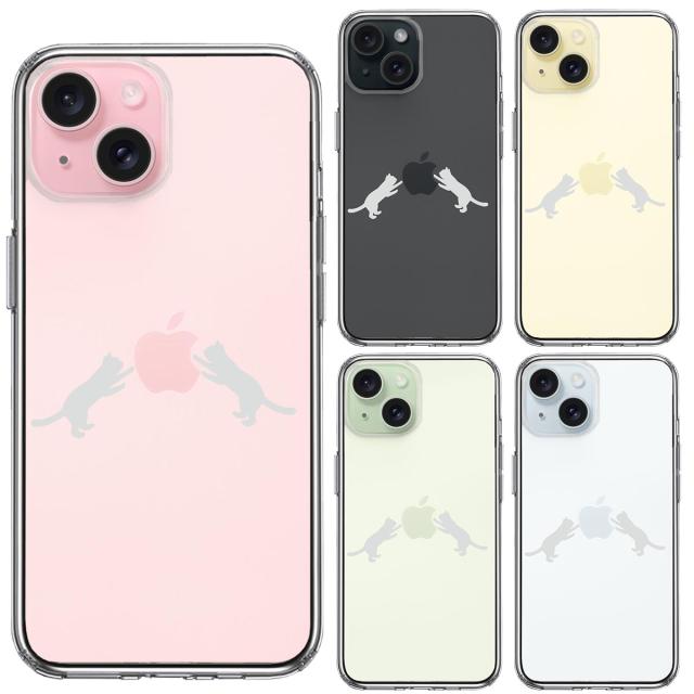 iPhone15Plus ケース クリア にゃんこ りんご 取り合い 薄いグレー スマホケース 側面ソフト 背面ハード ハイブリッド  送料無料-1