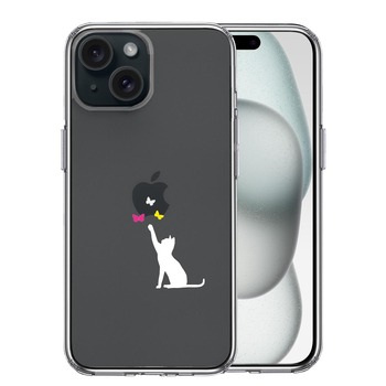 iPhone15 ケース クリア 猫 CAT ねこ 蝶々 ホワイト スマホケース 側面ソフト 背面ハード ハイブリッド 送料無料-0