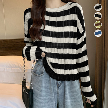 ニットトップス ボーダー柄 リブニット 送料無料 即日発送-0