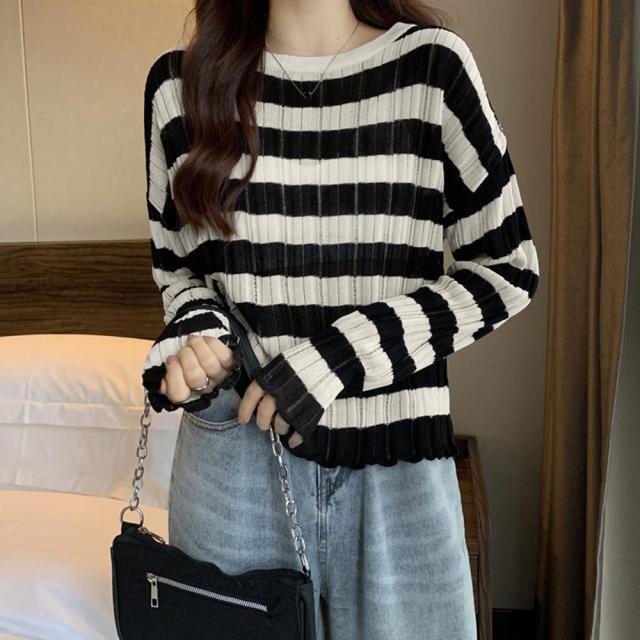 ニットトップス ボーダー柄 リブニット 送料無料 即日発送-4