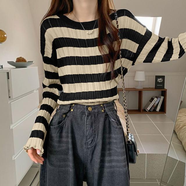 ニットトップス ボーダー柄 リブニット 送料無料 即日発送-6