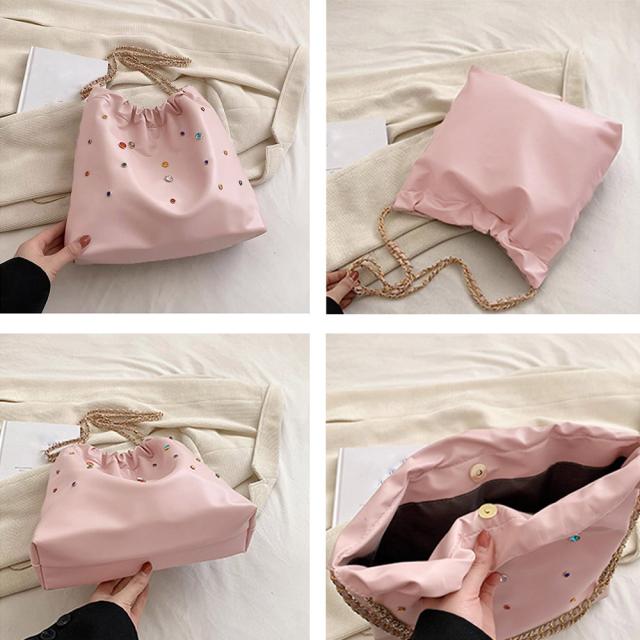 チェーンショルダーバッグ ビジュー巾着鞄 送料無料 即日発送-3