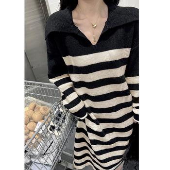 ボーダーワンピース Vネックニット 送料無料 即日発送-1