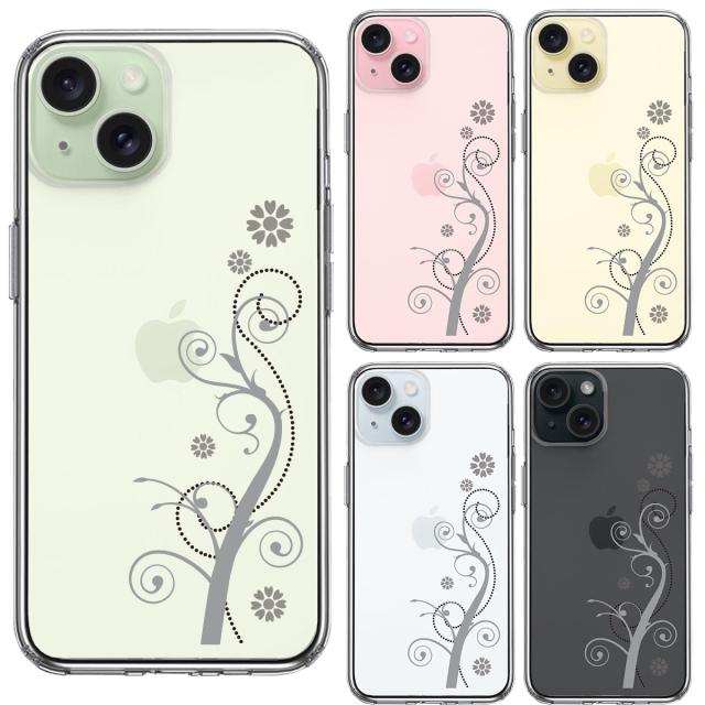 iPhone15Plus ケース クリア フローラル つる模様 グレー スマホケース 側面ソフト 背面ハード ハイブリッド  送料無料-1
