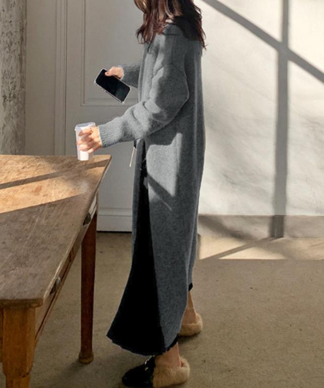 ニットワンピース 秋冬 ディープスリット 送料無料 即日発送-8