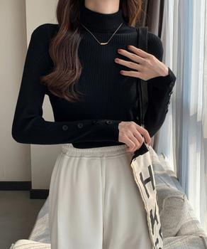 タートルネックニットトップス 袖口ボタン 送料無料 即日発送-2