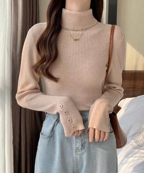 タートルネックニットトップス 袖口ボタン 送料無料 即日発送-4