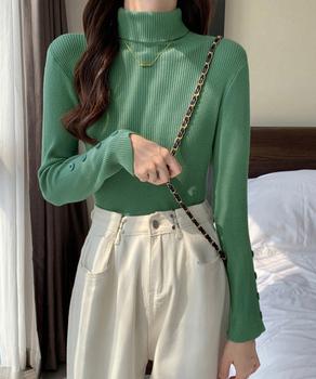 タートルネックニットトップス 袖口ボタン 送料無料 即日発送-5