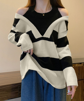 ボーダー柄ニットトップス オフショルダー 送料無料 即日発送-0