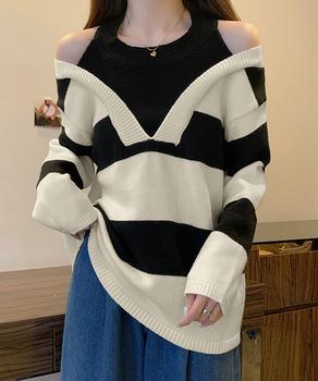 ボーダー柄ニットトップス オフショルダー 送料無料 即日発送-8