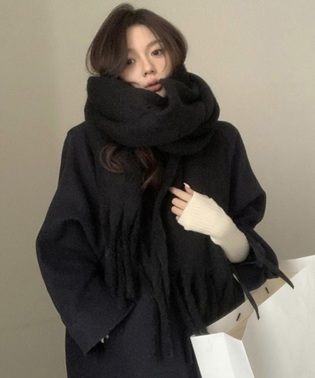 ボリューム ワイドマフラーフリンジ 無地 送料無料 即日発送-4