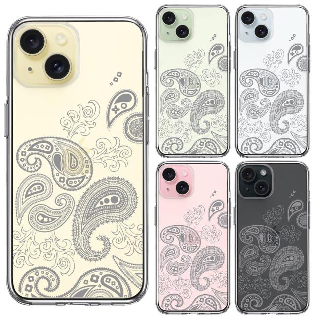 iPhone15Plus ケース クリア ペイズリー 柄 グレイ スマホケース 側面ソフト 背面ハード ハイブリッド 送料無料-1
