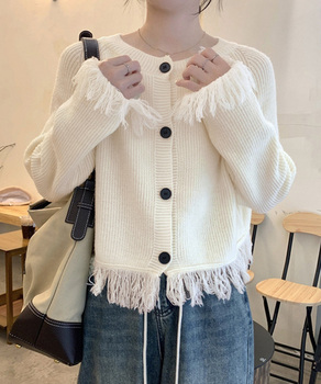 フリンジニットカーディガン クルーネック 送料無料 即日発送-0