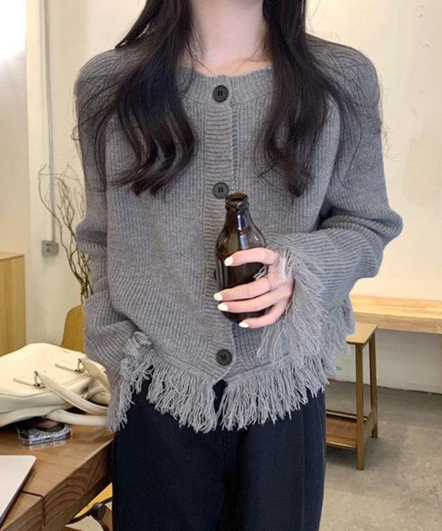 フリンジニットカーディガン クルーネック 送料無料 即日発送-5