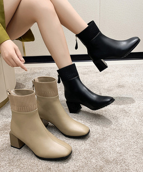 ショートブーツ 美脚 リブ切り替えブーツ 送料無料 即日発送-0