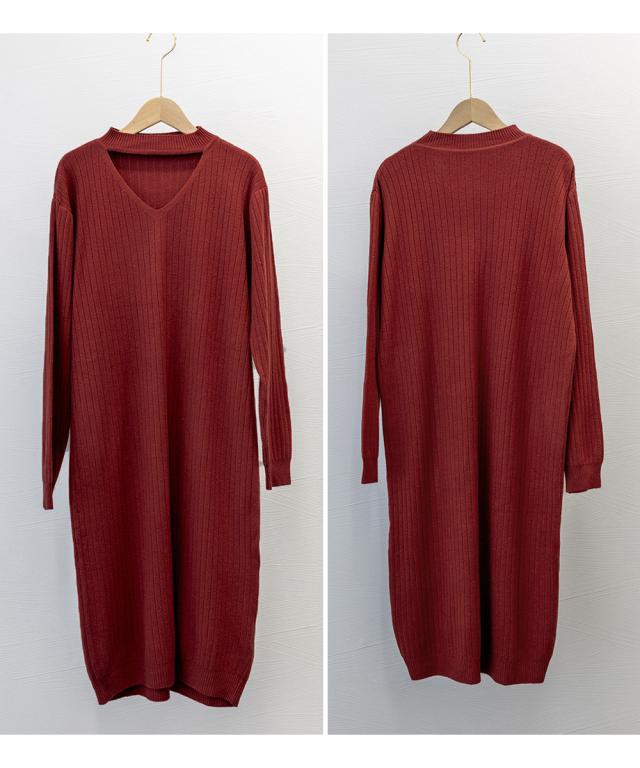 リブニットワンピース ロング丈 vネック 送料無料 即日発送-2