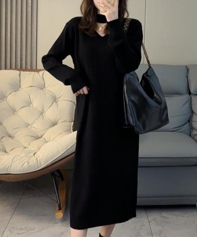 リブニットワンピース ロング丈 vネック 送料無料 即日発送-4