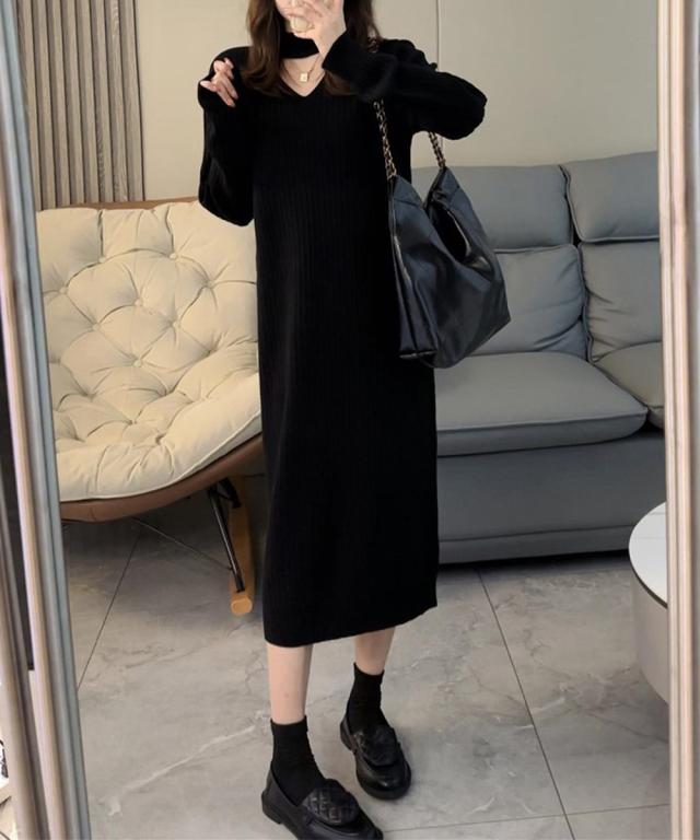 リブニットワンピース ロング丈 vネック 送料無料 即日発送-5