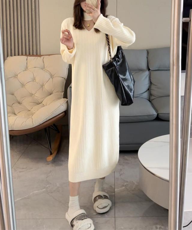 リブニットワンピース ロング丈 vネック 送料無料 即日発送-6