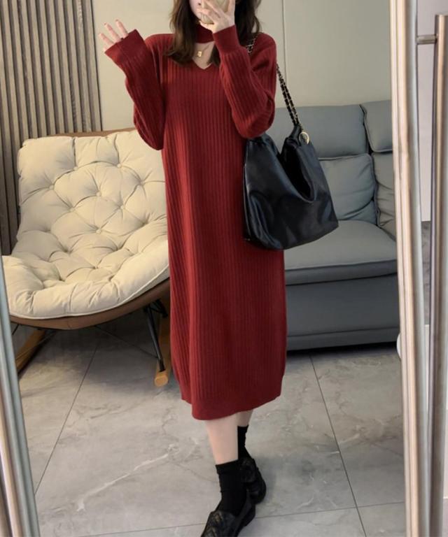 リブニットワンピース ロング丈 vネック 送料無料 即日発送-7